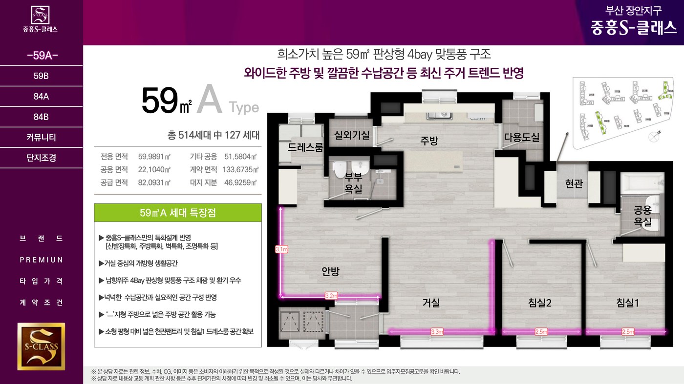 부산 장안지구 중흥S-클래스 전용 59㎡A 평면도 - 4Bay 판상형 구조